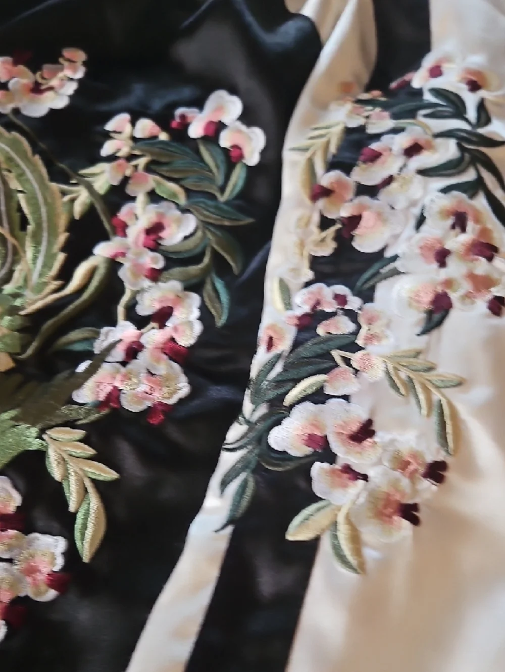 Floral Embroidered Black Satin Bomber Jacket with Pink Accents/ Reversable - Picture 7 of 10